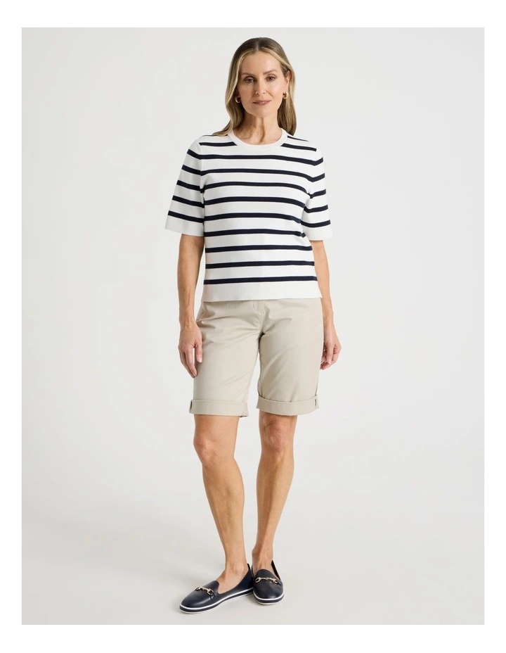 Short Sleeve Stripe Knitted Top in Ivory/Navy Stripe image 7