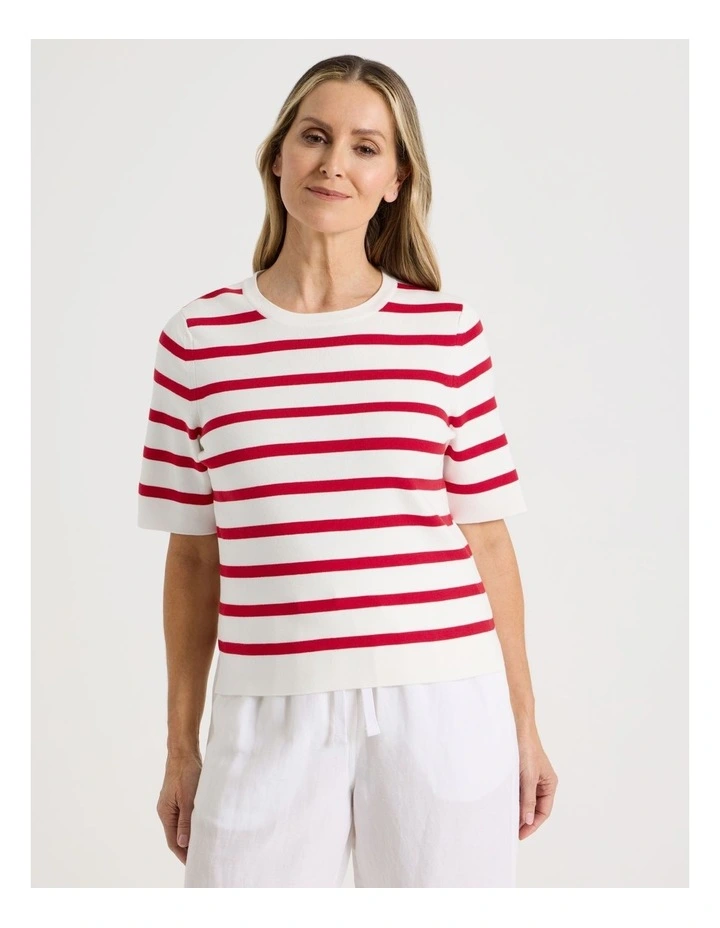 Short Sleeve Stripe Knitted Top in Ivory/Red Stripe image 2