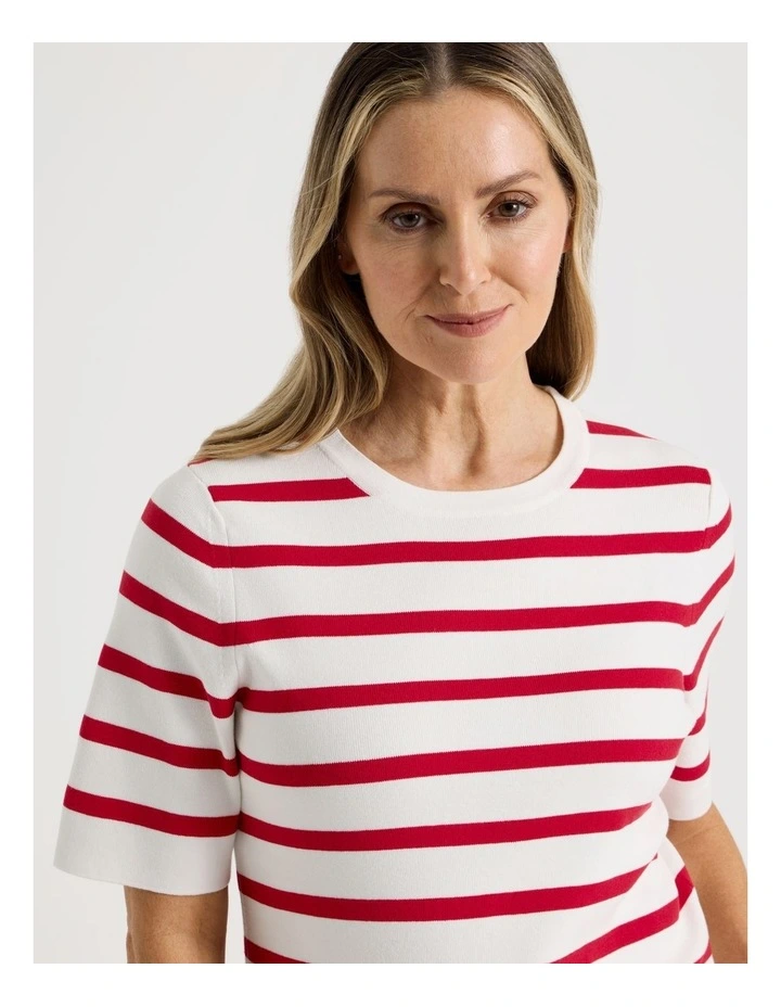 Short Sleeve Stripe Knitted Top in Ivory/Red Stripe image 3