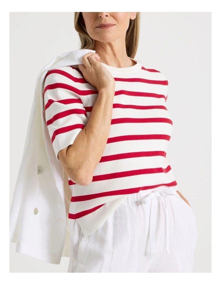 Short Sleeve Stripe Knitted Top in Ivory/Red Stripe image 4