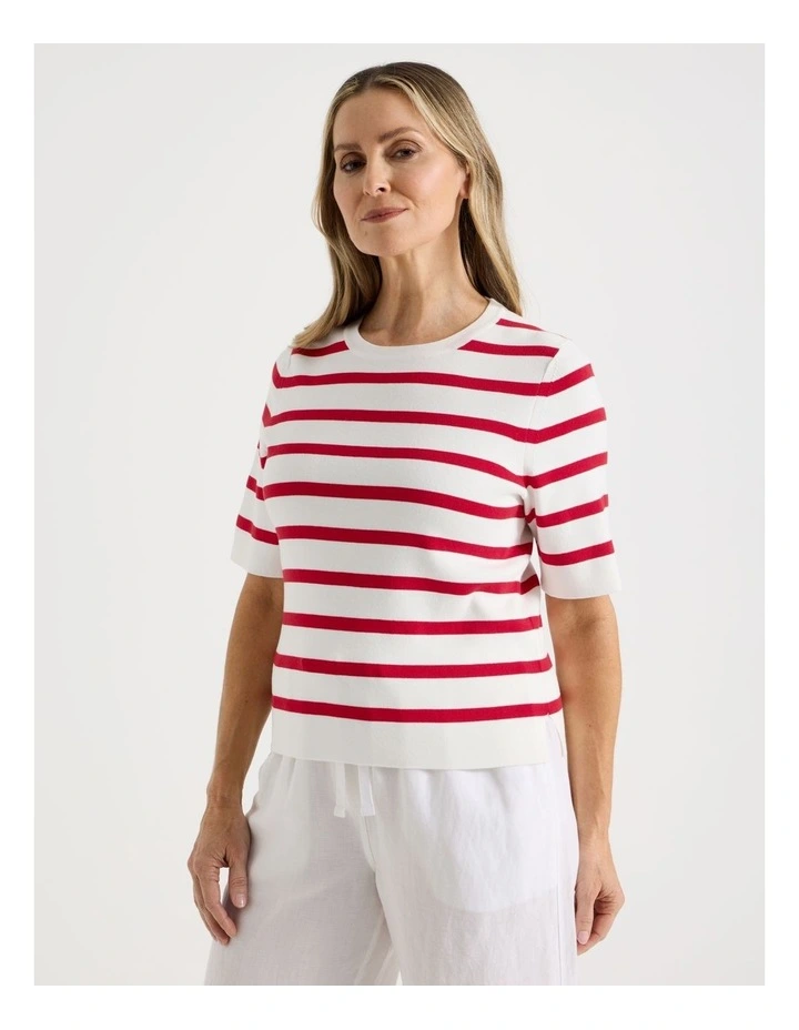Short Sleeve Stripe Knitted Top in Ivory/Red Stripe image 5