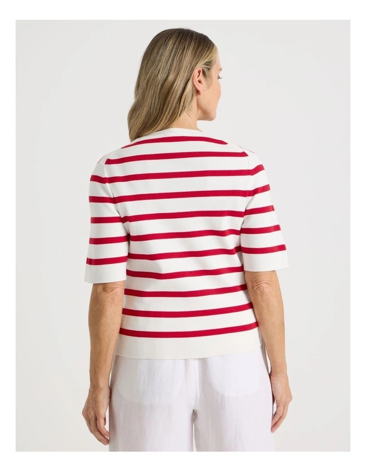 Short Sleeve Stripe Knitted Top in Ivory/Red Stripe image 6