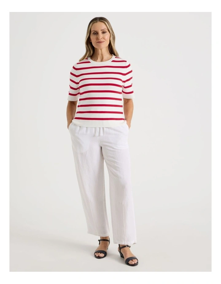 Short Sleeve Stripe Knitted Top in Ivory/Red Stripe image 7
