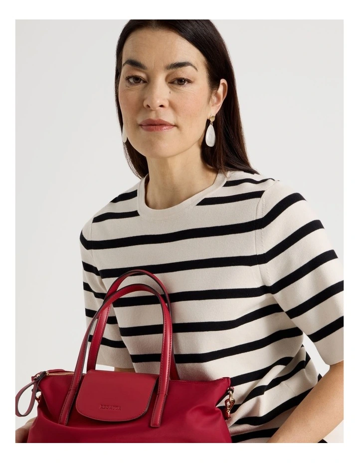 Short Sleeve Stripe Knitted Top In Neutral/Black Stripe image 1