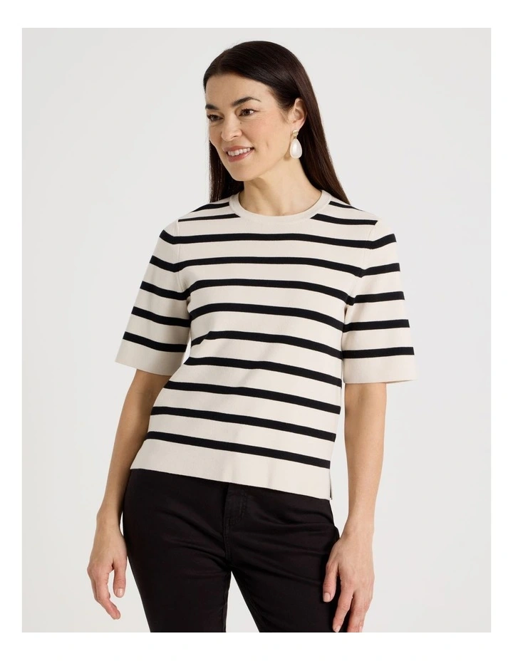 Short Sleeve Stripe Knitted Top In Neutral/Black Stripe image 2