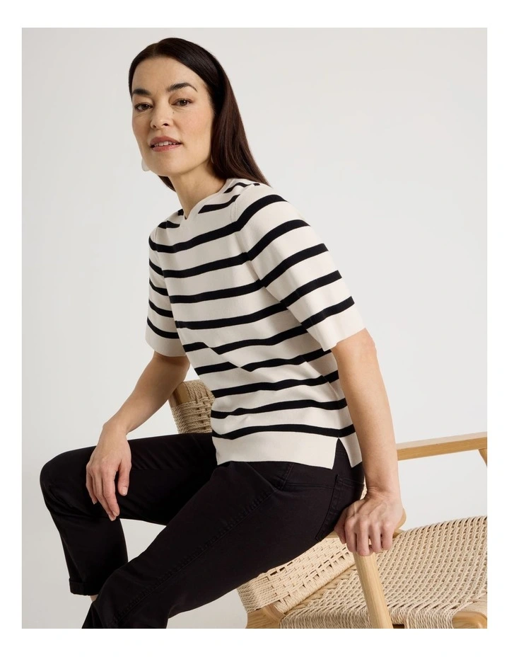 Short Sleeve Stripe Knitted Top In Neutral/Black Stripe image 3