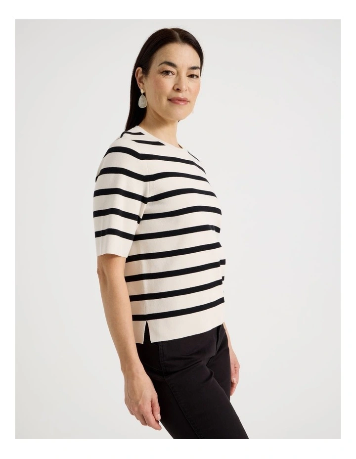Short Sleeve Stripe Knitted Top In Neutral/Black Stripe image 4