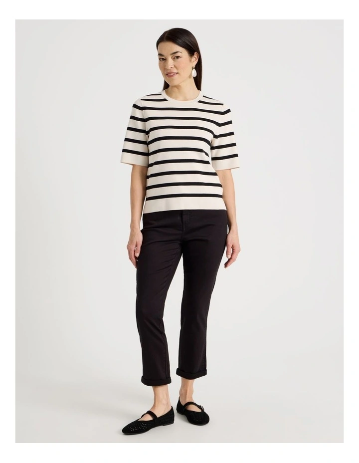 Short Sleeve Stripe Knitted Top In Neutral/Black Stripe image 5