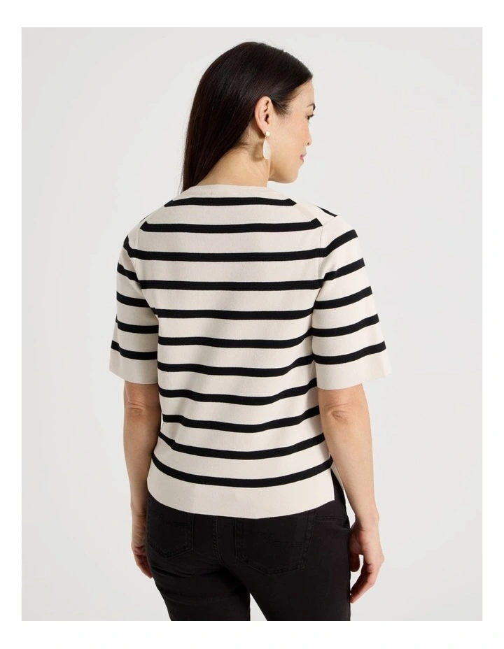 Short Sleeve Stripe Knitted Top In Neutral/Black Stripe image 6