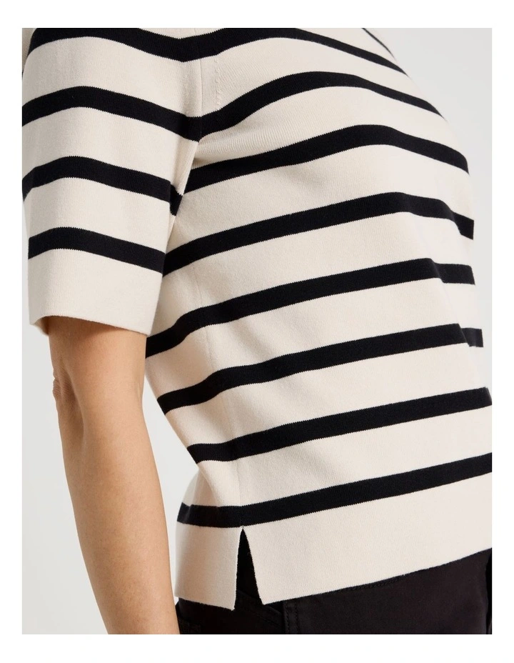 Short Sleeve Stripe Knitted Top In Neutral/Black Stripe image 7