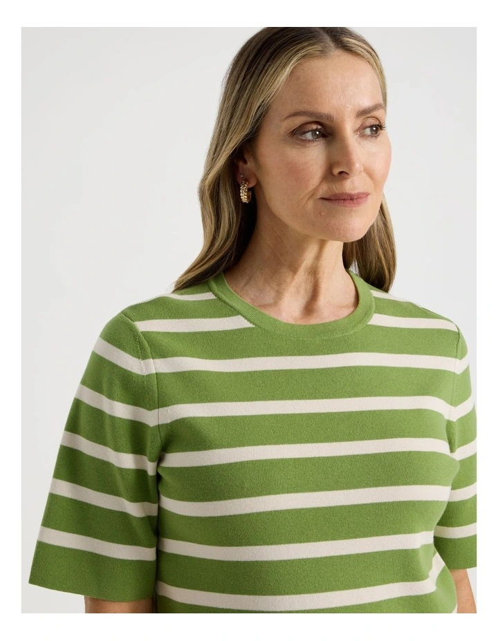 Short Sleeve Stripe Knitted Top in Green/Neutral Stripe image 2