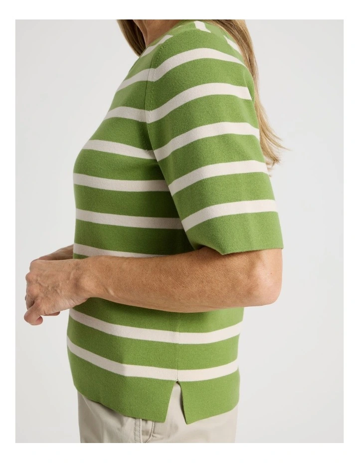 Short Sleeve Stripe Knitted Top in Green/Neutral Stripe image 3