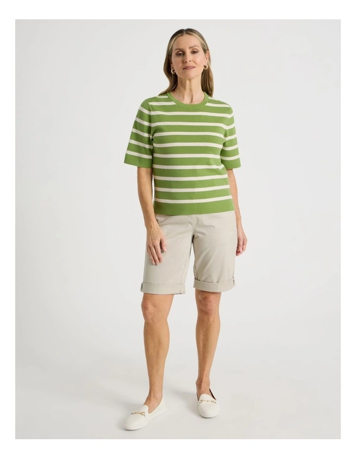 Short Sleeve Stripe Knitted Top in Green/Neutral Stripe image 4