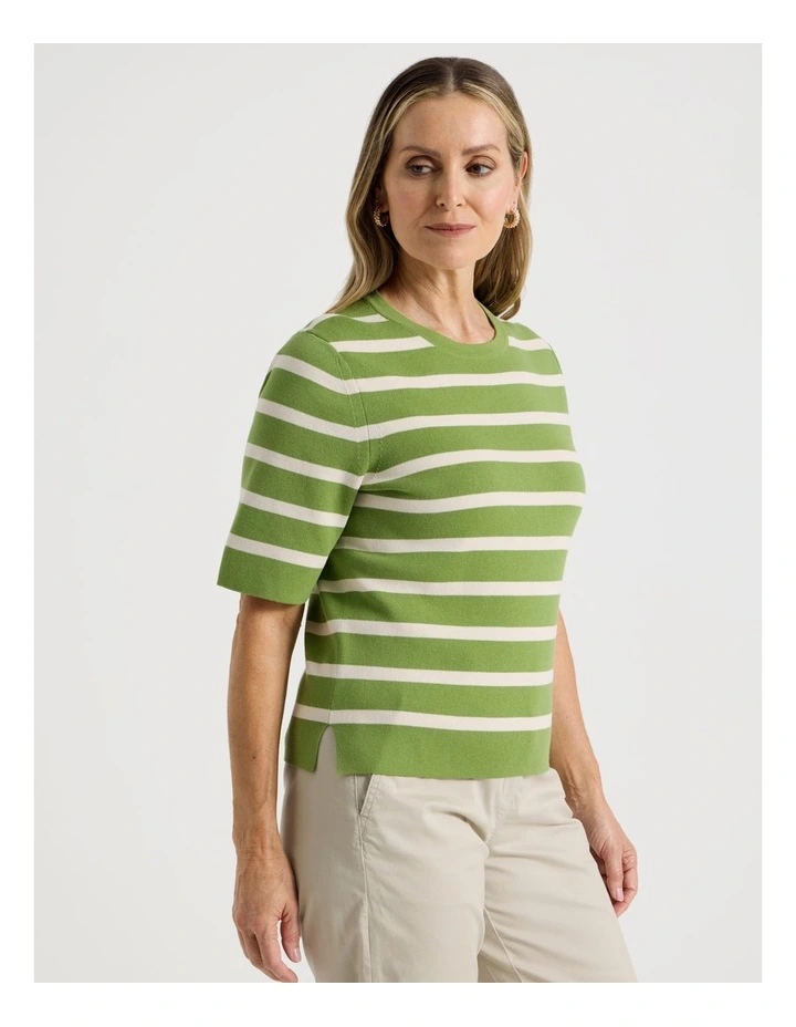 Short Sleeve Stripe Knitted Top in Green/Neutral Stripe image 5