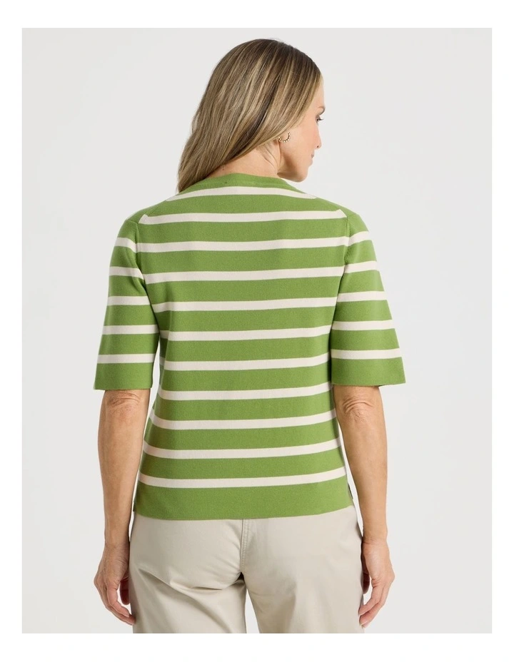 Short Sleeve Stripe Knitted Top in Green/Neutral Stripe image 6