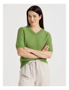 Short Sleeve V Neck Knitted Top With Fancy Neckband in Green