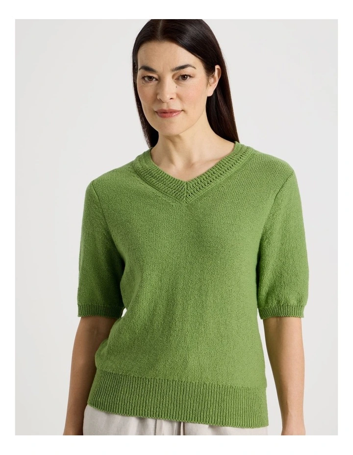 Short Sleeve V Neck Knitted Top With Fancy Neckband in Green image 2