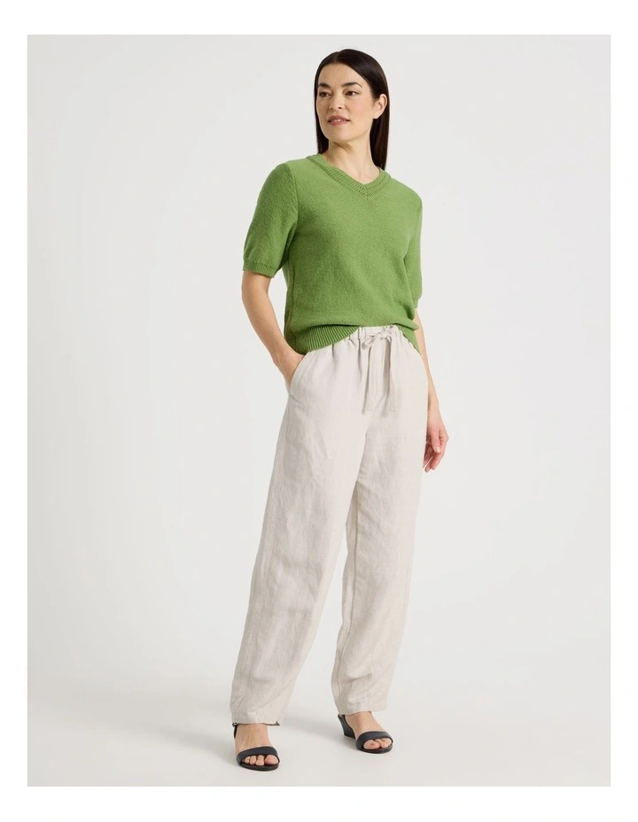 Short Sleeve V Neck Knitted Top With Fancy Neckband in Green image 3