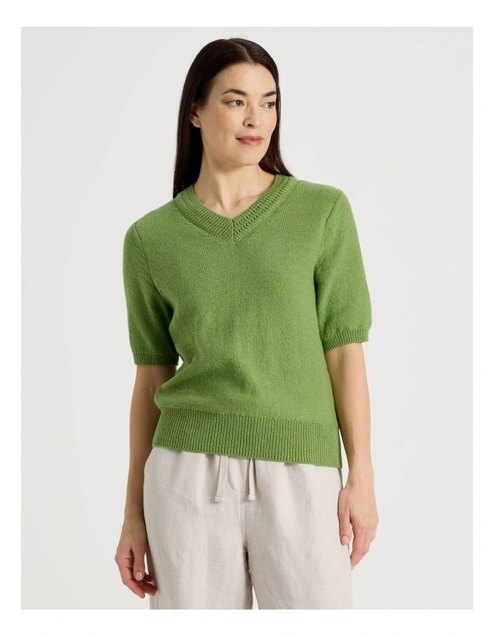 Short Sleeve V Neck Knitted Top With Fancy Neckband in Green image 4