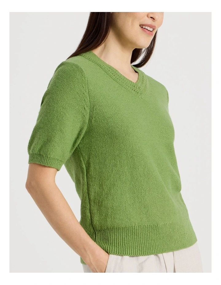 Short Sleeve V Neck Knitted Top With Fancy Neckband in Green image 5