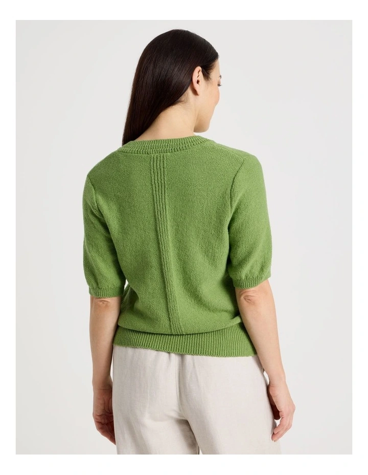 Short Sleeve V Neck Knitted Top With Fancy Neckband in Green image 6