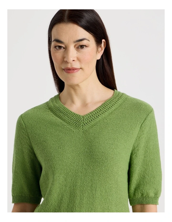 Short Sleeve V Neck Knitted Top With Fancy Neckband in Green image 7