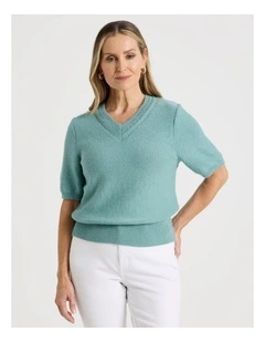Short Sleeve V Neck Knitted Top With Fancy Neckband in Slate