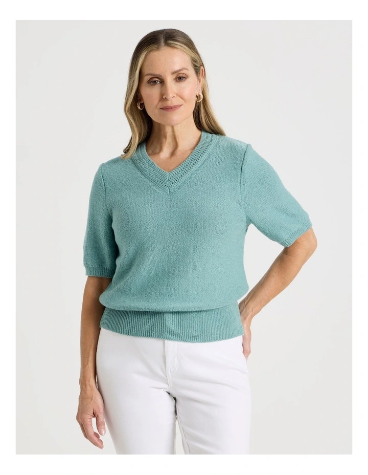 Short Sleeve V Neck Knitted Top With Fancy Neckband in Slate image 1