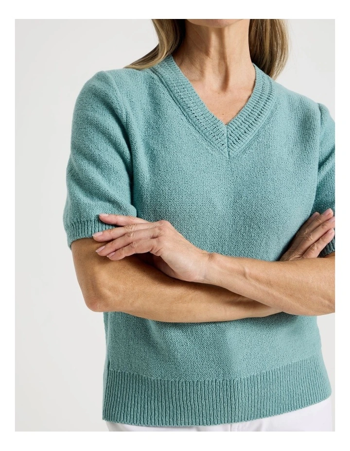 Short Sleeve V Neck Knitted Top With Fancy Neckband in Slate image 2