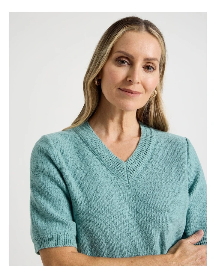 Short Sleeve V Neck Knitted Top With Fancy Neckband in Slate image 3