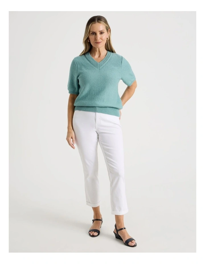 Short Sleeve V Neck Knitted Top With Fancy Neckband in Slate image 4
