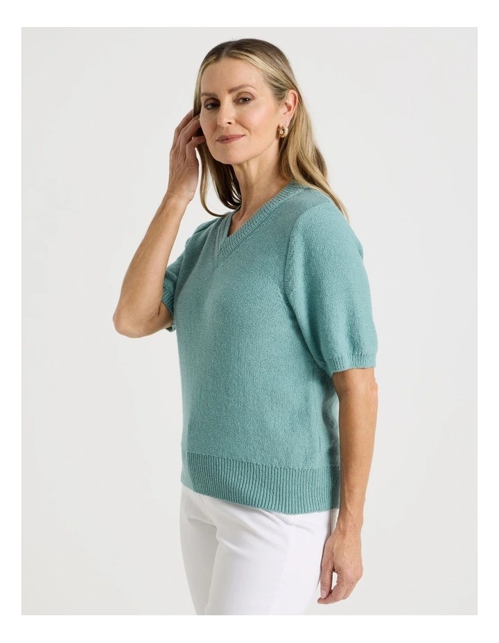 Short Sleeve V Neck Knitted Top With Fancy Neckband in Slate image 5