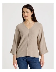 V Neck Long Sleeve Jumper With Fold Back Cuff in Neutral