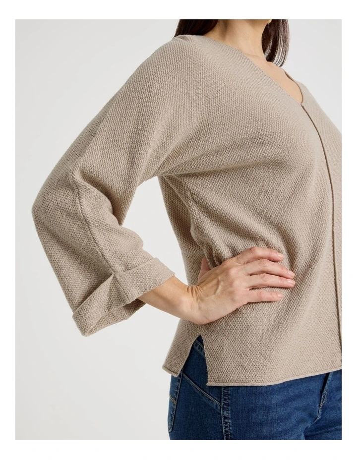 V Neck Long Sleeve Jumper With Fold Back Cuff in Neutral image 2