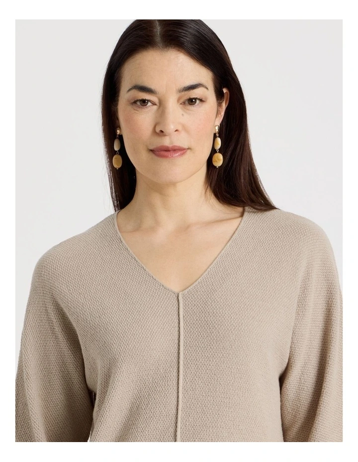 V Neck Long Sleeve Jumper With Fold Back Cuff in Neutral image 3