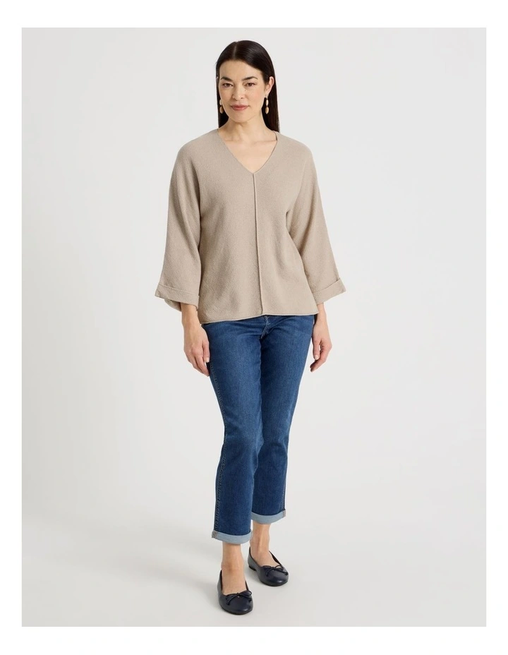 V Neck Long Sleeve Jumper With Fold Back Cuff in Neutral image 4