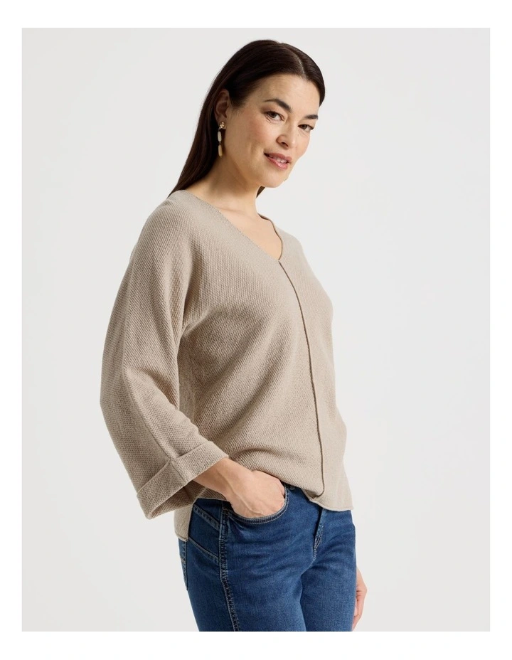 V Neck Long Sleeve Jumper With Fold Back Cuff in Neutral image 5