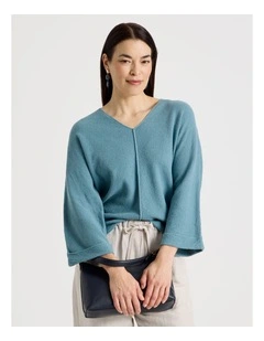 V Neck Long Sleeve Jumper With Fold Back Cuff in Blue