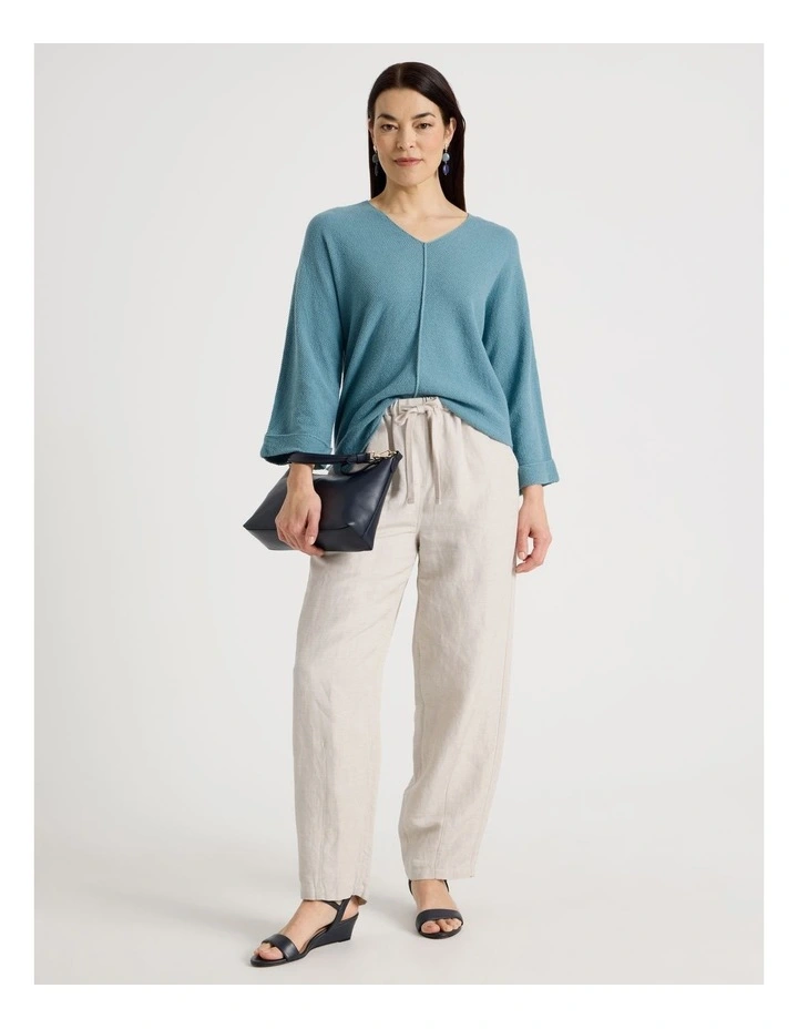 V Neck Long Sleeve Jumper With Fold Back Cuff in Blue image 2