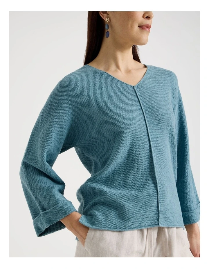 V Neck Long Sleeve Jumper With Fold Back Cuff in Blue image 3