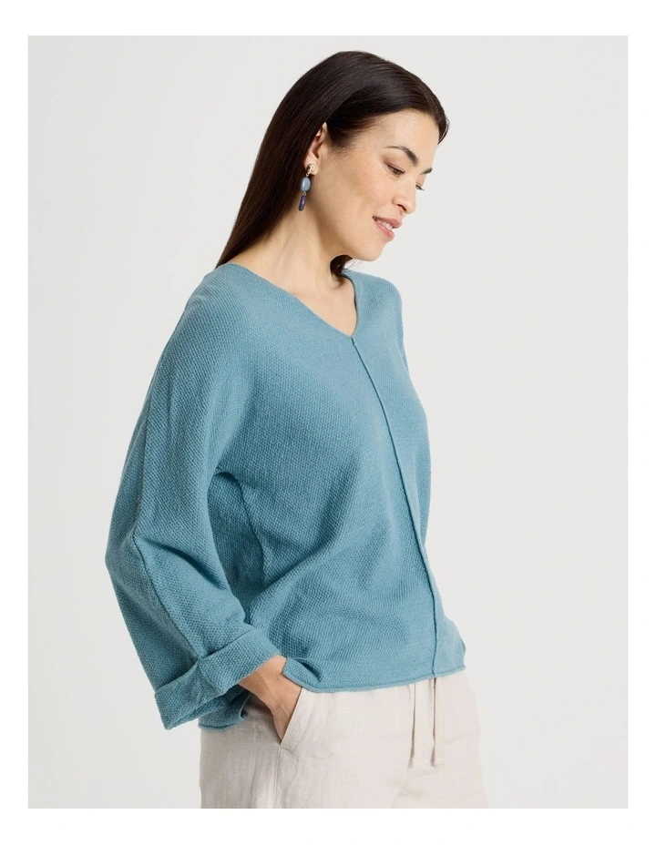 V Neck Long Sleeve Jumper With Fold Back Cuff in Blue image 4