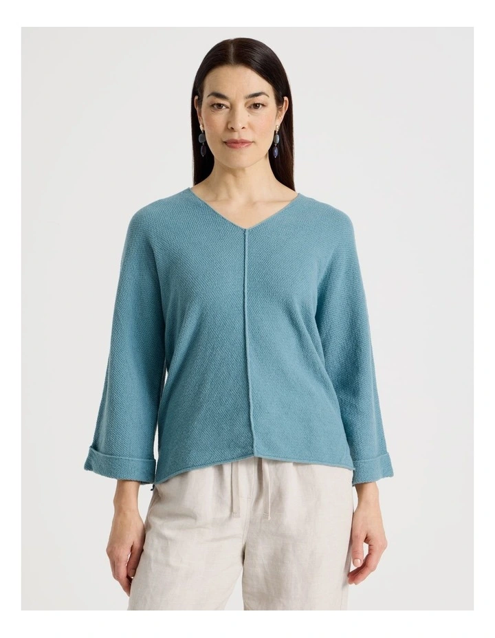V Neck Long Sleeve Jumper With Fold Back Cuff in Blue image 5