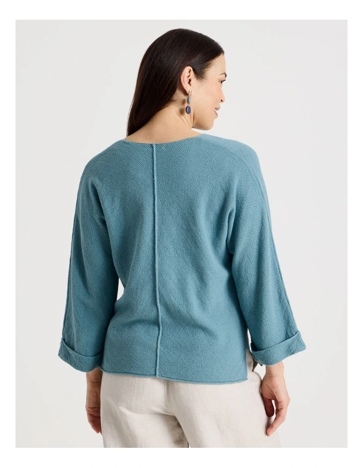 V Neck Long Sleeve Jumper With Fold Back Cuff in Blue image 6