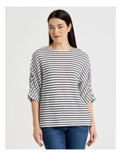 Fancy Knit 3/4 Sleeve Magyar Tee in Ivory/Navy Stripe