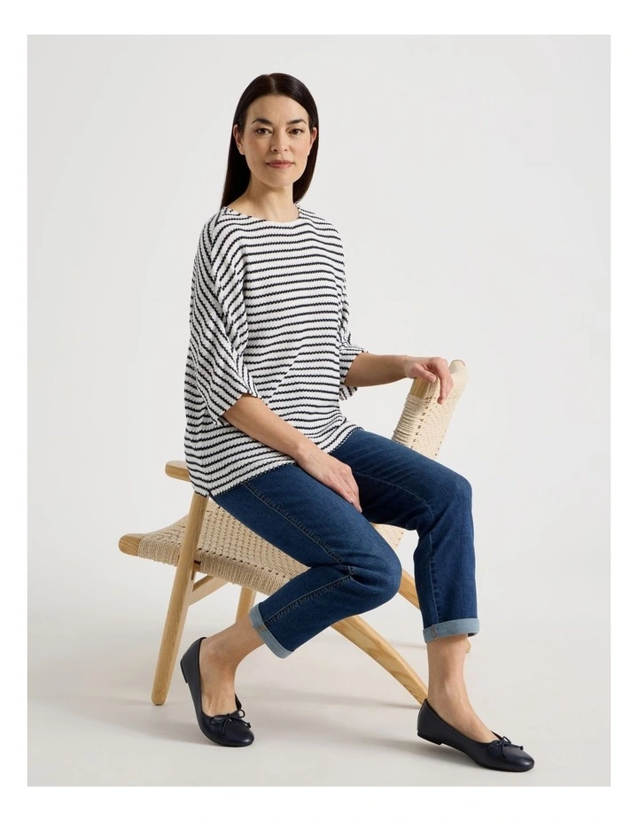 Fancy Knit 3/4 Sleeve Magyar Tee in Ivory/Navy Stripe image 2