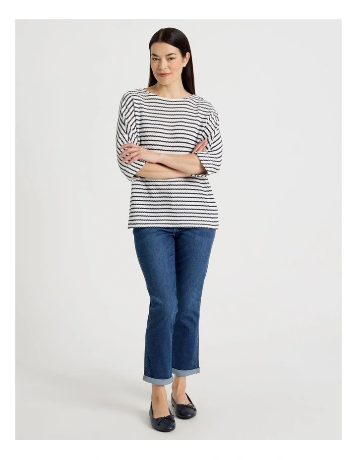 Fancy Knit 3/4 Sleeve Magyar Tee in Ivory/Navy Stripe image 4