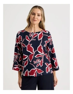 3/4 Sleeve Top With Fold Up Cuff & Feature Button in Navy/Red Leaf Print