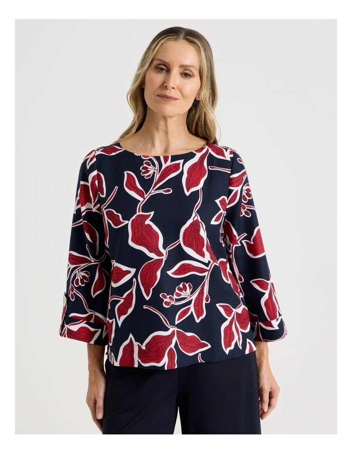 3/4 Sleeve Top With Fold Up Cuff & Feature Button in Navy/Red Leaf Print image 1