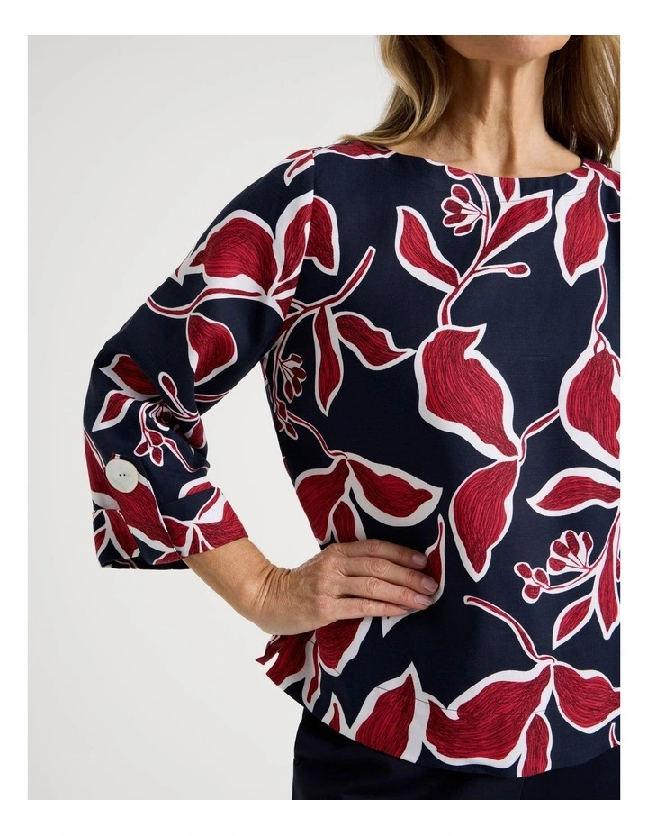 3/4 Sleeve Top With Fold Up Cuff & Feature Button in Navy/Red Leaf Print image 2