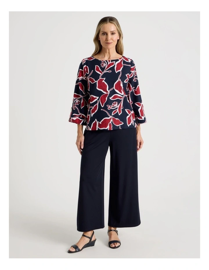 3/4 Sleeve Top With Fold Up Cuff & Feature Button in Navy/Red Leaf Print image 3